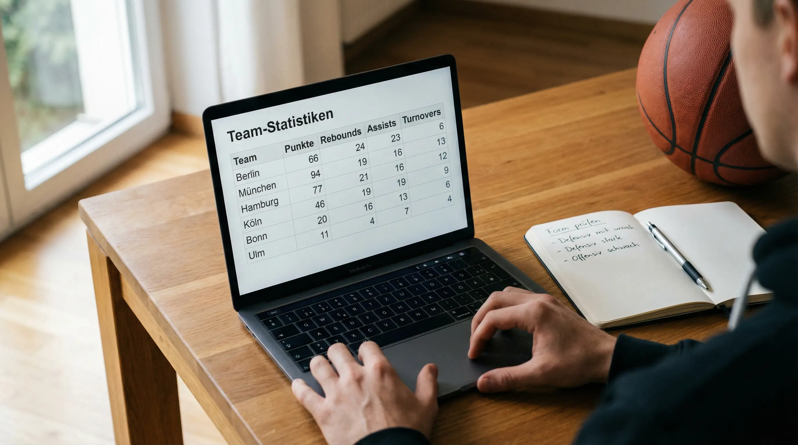 Sportwetter analysiert Basketball-Statistiken am Laptop mit Notizblock