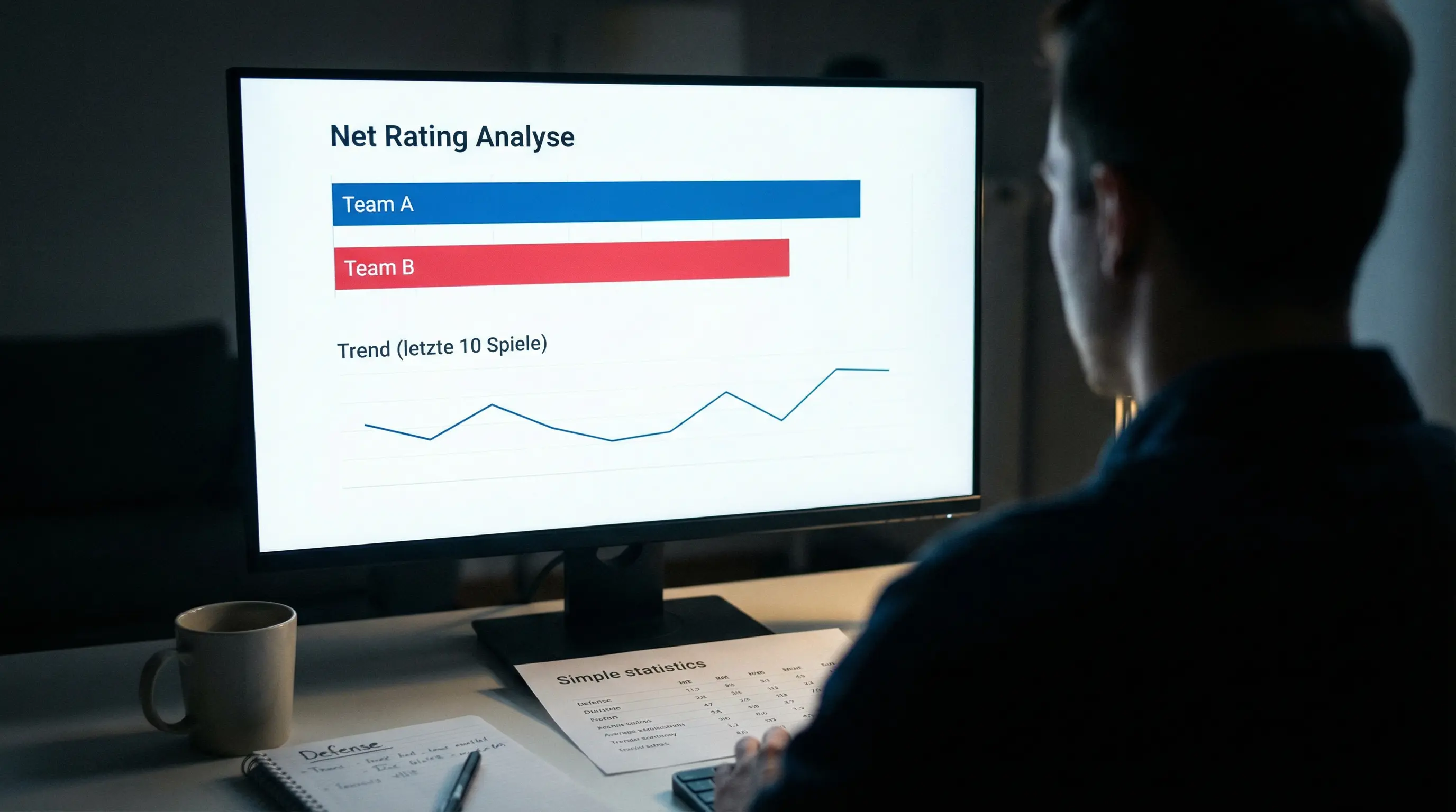 Person analysiert Basketball-Statistiken und Net Rating auf einem Bildschirm