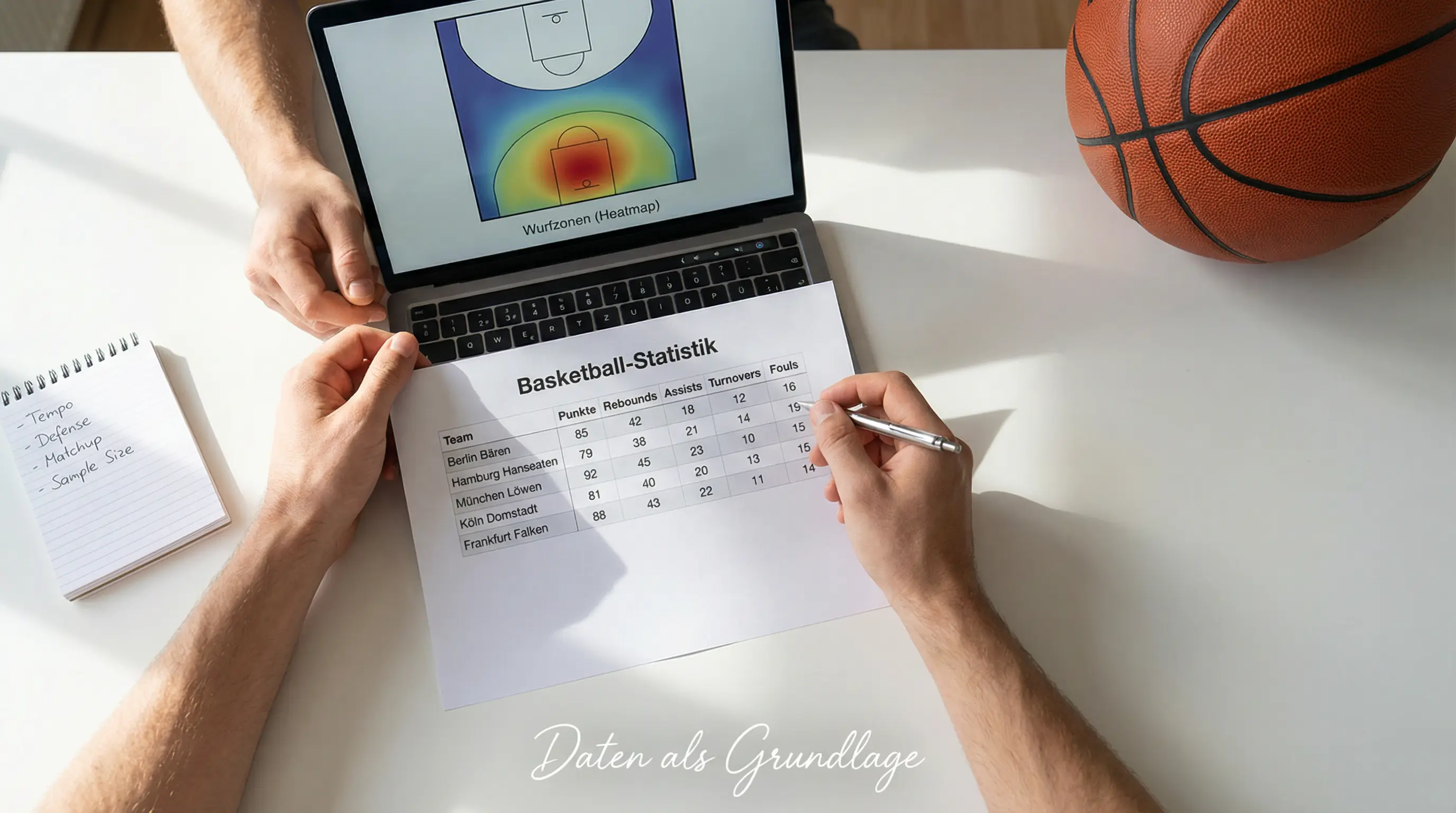 Basketball Statistiken für Wetten – Datenanalyse mit Laptop am Spielfeldrand