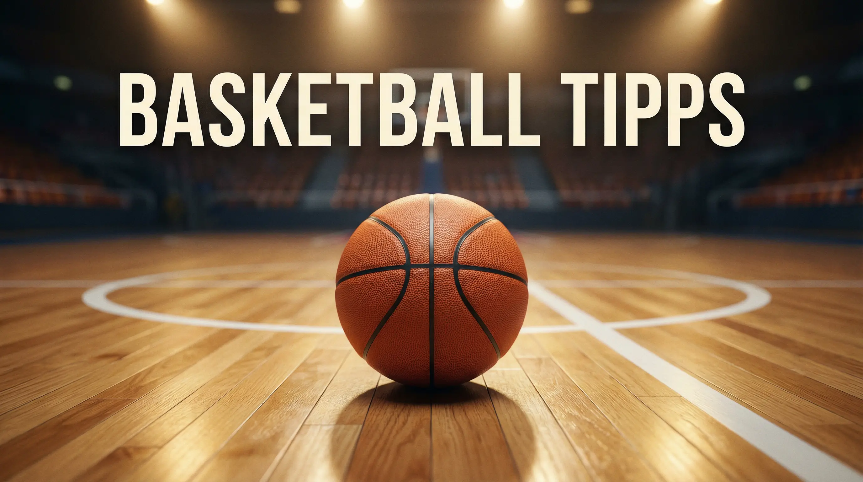 Basketball auf einem Parkett-Spielfeld mit Arena-Beleuchtung – Guide für Basketball Wett Tipps