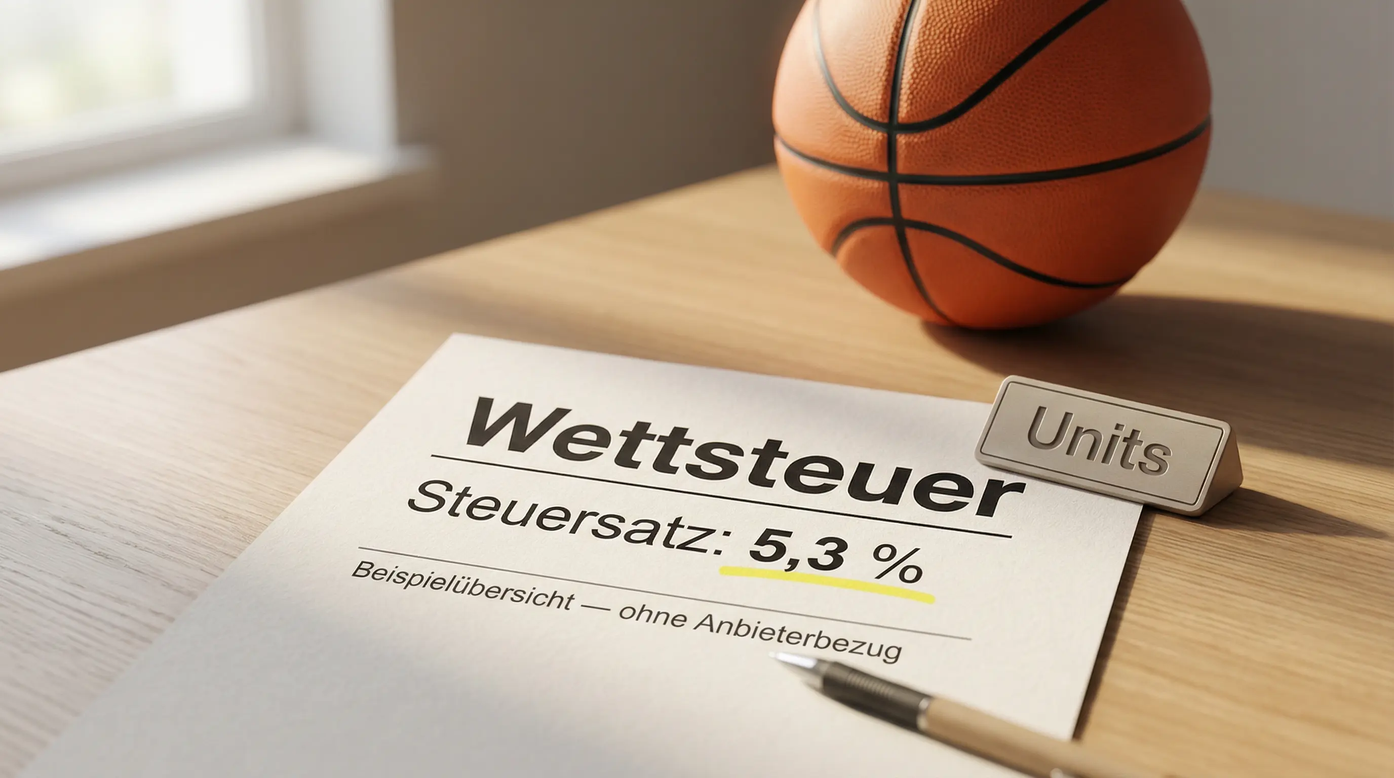 Wettsteuer in Deutschland – Steuerdokumente und €-Symbol neben Basketball